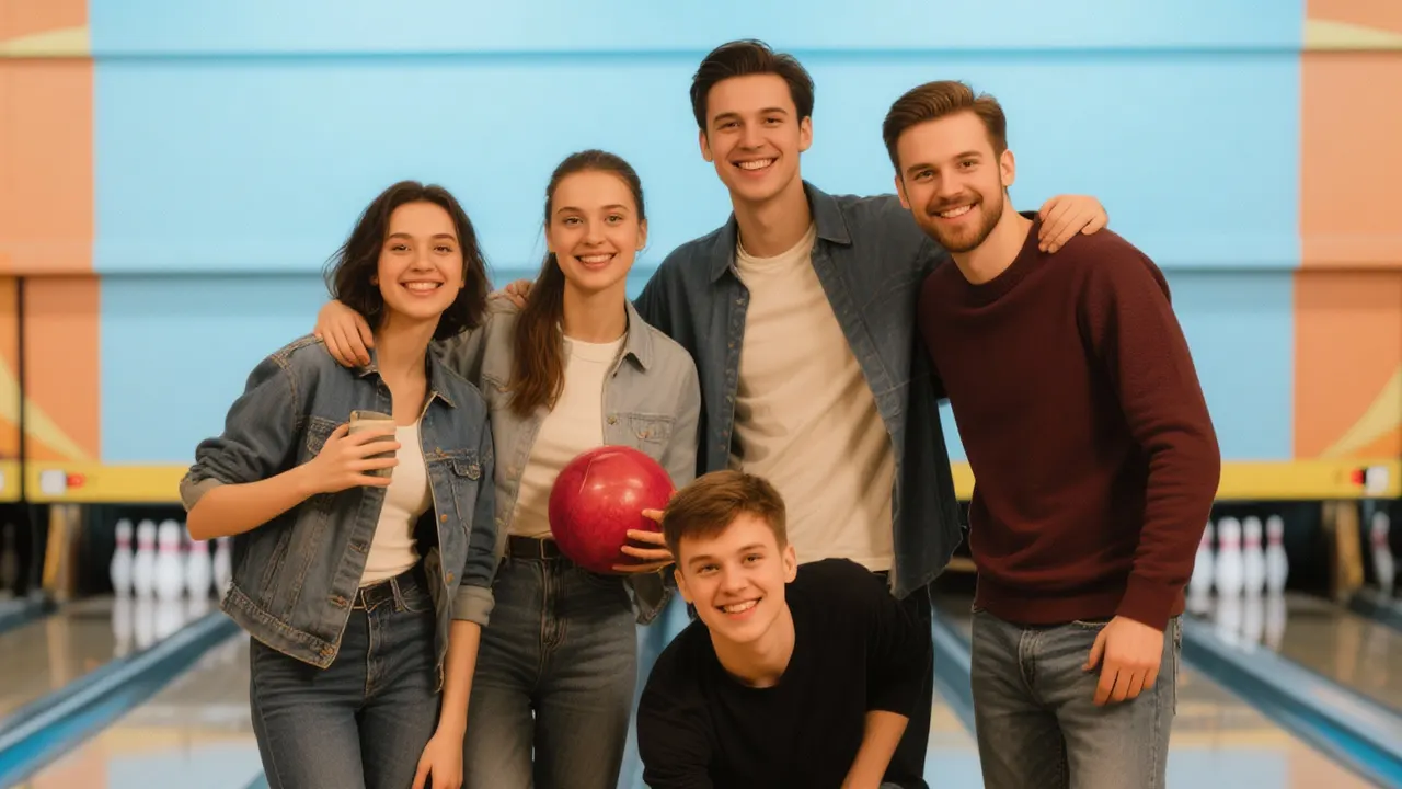 Groupe d'amis au bowling, photo originale